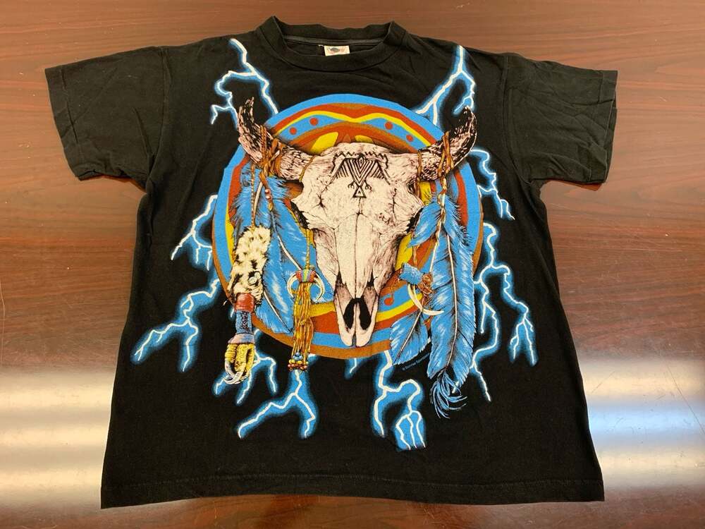 Vintage 90s American Thunder Native Bull Skull Lightning All Over Print T-Shirt